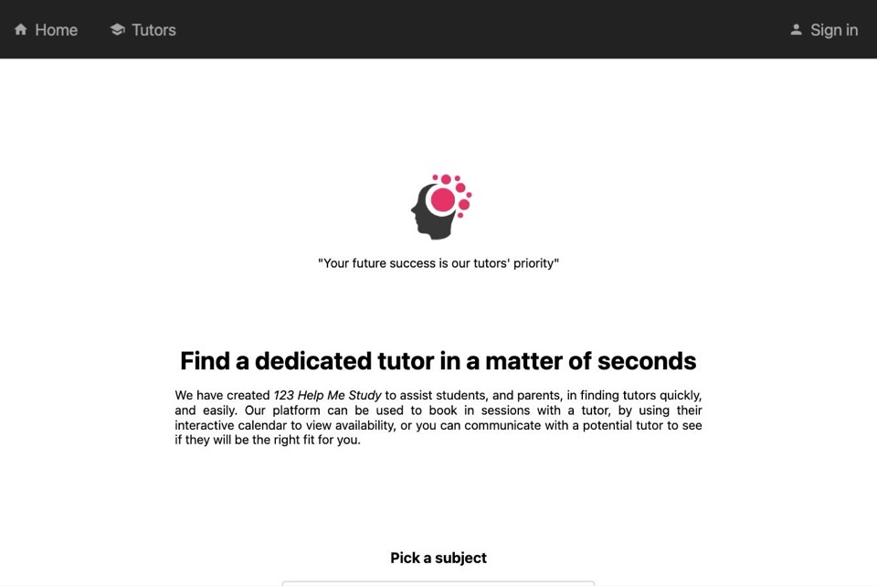 Screenshot of the 123 Help Me Study homepage