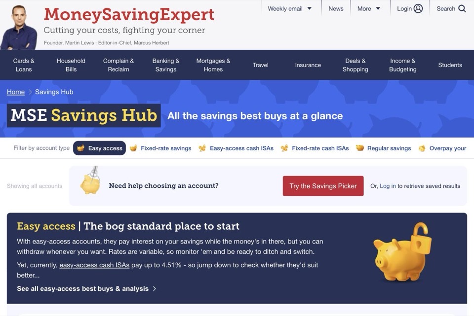 Screenshot of the MoneySavingExpert Savings Hub homepage